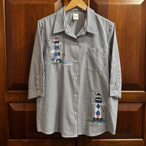 Vintage Blair Women’s Blue Striped Lighthouse Nautical Coastal Beach Top Sz L